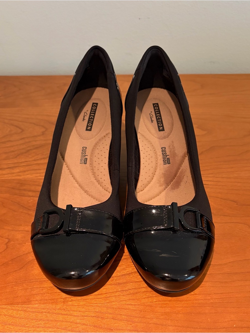Clarks Black Wedges with Glossy Toe and Buckle